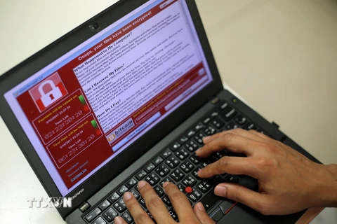 Một lập trình viên đưa ra mẫu của một vụ tấn công mạng "tổng tiến" trên máy tính cá nhân tại Đài Bắc, Đài Loan. (Nguồn: EPA/TTXVN)