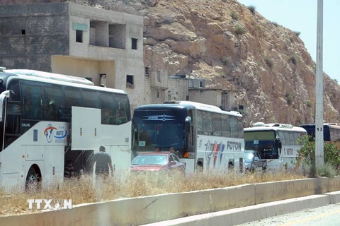  Xe buýt chở gia đình các tay súng thuộc lực lượng đối lập sơ tán khỏi Barzeh, ngoại ô thủ đô Damascus. (Nguồn: THX/TTXVN)