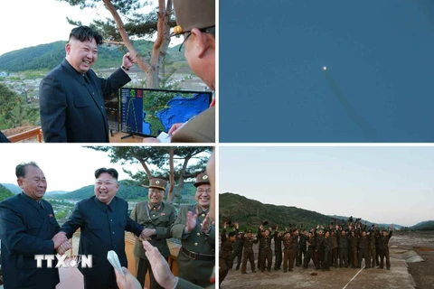 Nhà lãnh đạo Triều Tiên Kim Jong-un gặp gỡ các sĩ quan và binh sĩ Triều Tiên sau vụ phóng thử tên lửa mới Hwasong-12, ngày 14/5. (Nguồn: Yonhap/TTXVN)