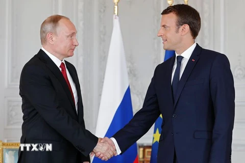 Tổng thống Emmanuel Macron (phải) và Tổng thống Putin (trái) tại cuộc gặp ở ngoại ô Paris. (Nguồn: AFP/TTXVN)