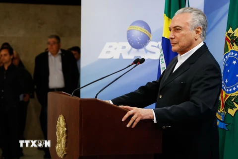 Tổng thống Brazil Michel Temer phát biểu tại Brasilia ngày 20/5. (Nguồn: THX/TTXVN)