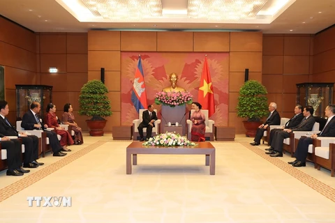 Chủ tịch Quốc hội Nguyễn Thị Kim Ngân tiếp Chủ tịch Quốc hội Vương quốc Campuchia Heng Samrin. (Ảnh: Trọng Đức/TTXVN) 