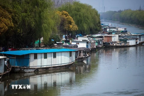 Tàu bè neo đậu trên một con sông ở Thượng Hải, Trung Quốc. (Nguồn: AFP/TTXVN)