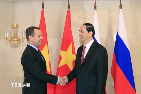 Chủ tịch nước Trần Đại Quang hội kiến Thủ tướng Chính phủ Liên Nga D. Medvedev. (Ảnh: Nhan Sáng/TTXVN) 