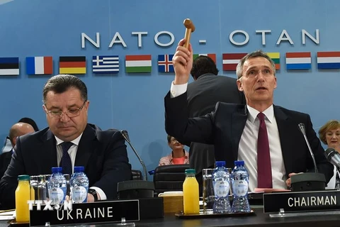 Tổng thư ký NATO Jens Stoltenberg (phải) và Bộ trưởng Quốc phòng Ukraine Stepan Poltorak. (Nguồn: AFP/TTXVN)