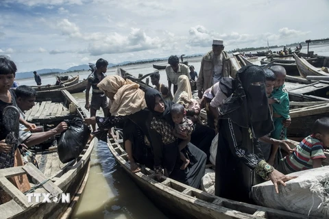 Người tị nạn Hồi giáo Rohingya tới lánh nạn trại tị nạn ở Teknaf, Bangladesh ngày 3/10. (Nguồn: AFP/TTXVN)
