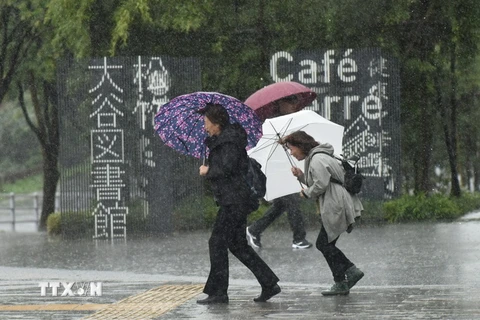 Mưa to gió lớn khi bão Lan đổ bộ vào Tokyo, Nhật Bản ngày 22/10. (Nguồn: AFP/TTXVN)