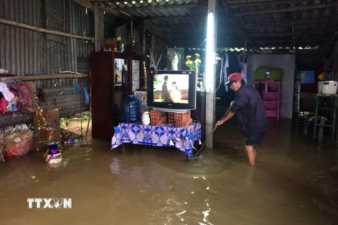 Nhiều khu dân cư ở vùng trũng huyện Quảng Điền bị cô lập trong lũ. (Ảnh: Hồ Cầu/TTXVN)