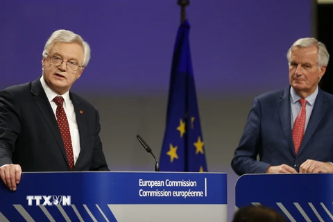 Trưởng đoàn đàm phán Brexit của Anh David Davis (trái) và Trưởng đoàn đàm phán Brexit của EU Michel Barnier (phải) trong cuộc họp báo tại Brussels (Bỉ) ngày 10/11. (Nguồn: THX/TTXVN)