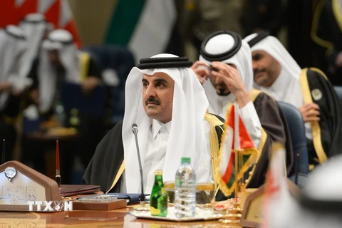  Quốc vương Qatar Tamim bin Hamad Al Thani (phía trước) dự một hội nghị ở Kuwait City, Kuwait ngày 5/12. (Nguồn: THX/TTXVN)