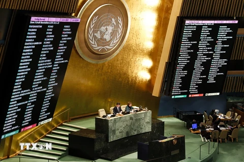 Kết quả bỏ phiếu tại phiên họp đặc biệt bất thường của Đại hội đồng Liên hợp quốc về vấn đề Jerusalem ở New York (Mỹ) ngày 21/12. (Nguồn: THX/TTXVN)