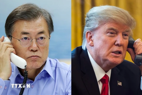 Tổng thống Mỹ Donald Trump (phải) và Tổng thống Hàn Quốc Moon Jae-in. (Nguồn: Yonhap/TTXVN)