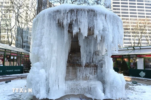 Đài phun nước hóa đá trong thời tiết giá lạnh ở công viên Bryant, New York, Mỹ ngày 2/1/2018. (Nguồn: AFP/TTXVN)