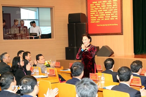 Chủ tịch Quốc hội Nguyễn Thị Kim Ngân dự và phát biểu Hội nghị Tổng kết công tác năm 2017 và triển khai nhiệm vụ năm 2018 của Kiểm toán Nhà nước. (Ảnh: Trọng Đức/TTXVN)