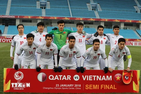 Đội U23 Việt Nam trước trận bán kết gặp U23 Qatar. (Nguồn: THX/TTXVN)