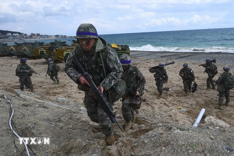  Binh sĩ Hàn Quốc tham gia cuộc tập trận chung với lính thủy đánh bộ Mỹ tại Pohang, Hàn Quốc ngày 2/4/2017. (Nguồn: AFP/TTXVN)