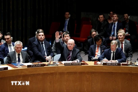 Đại sứ Nga tại LHQ Vassily Nebenzia (giữa, phía trước) tại phiên bỏ phiếu của Hội đồng Bảo an LHQ về tình hình Syria, ở New York (Mỹ) ngày 10/4. (Nguồn: THX/TTXVN)