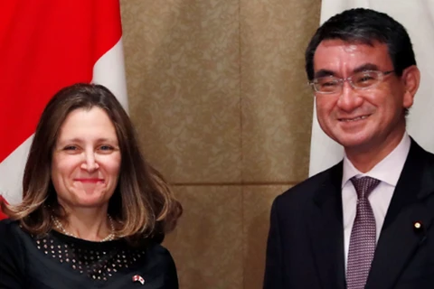 Ngoại trưởng Canada Chrystia Freeland và người đồng cấp Nhật Bản Taro Kono. (Nguồn: Reuters)