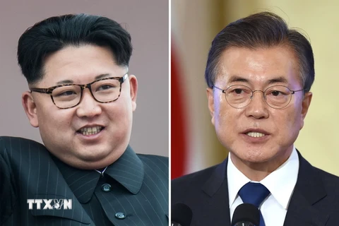  Nhà lãnh đạo Triều Tiên Kim Jong-un (trái) và Tổng thống Hàn Quốc Moon Jae-in (phải). (Nguồn: AFP/TTXVN)