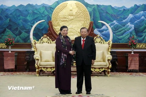 Tổng Bí thư, Chủ tịch nước Lào Bounnhang Volachith tiếp Phó Chủ tịch Quốc hội Tòng Thị Phóng. (Ảnh: Phạm Kiêm/Vietnam+)