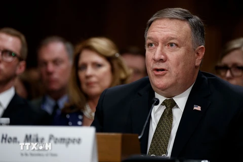 Ông Mike Pompeo tại phiên điều trần trước Ủy ban đối ngoại Thượng viện Mỹ ở Washington D.C. ngày 26/4. (Nguồn: THX/TTXVN)