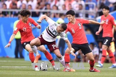 Tuyển thủ Mexico Javier Hernandez (số 14) giữa vòng vây của các cầu thủ đội tuyển Hàn Quốc trong trận đấu ở bảng F, Vòng chung kết World Cup 2018, diễn ra tại Rostov-on-Don, Nga, ngày 23/6. (Nguồn: THX/TTXVN)