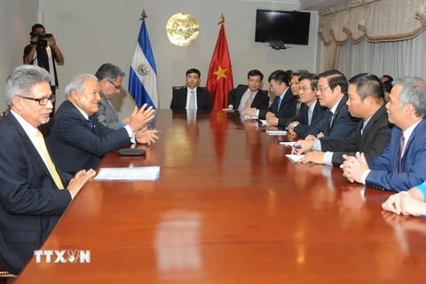 Trưởng ban Nội chính Trung ương Phan Đình Trạc hội kiến Tổng thống Salvador, Ngài Salvador Sánchez Cerén. (Ảnh: Việt Hùng/TTXVN)