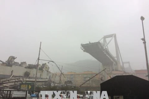 Hiện trường vụ sập cầu cạn tại Genoa, Italy ngày 14/8. (Ảnh: THX/TTXVN) 
