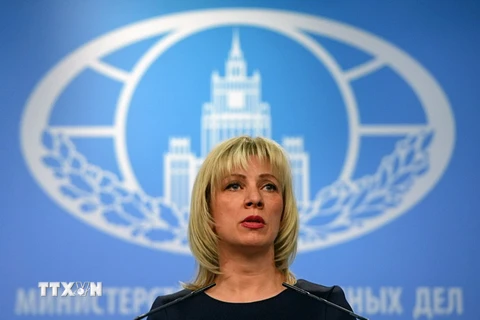  Người phát ngôn Bộ Ngoại giao Nga Maria Zakharova phát biểu tại một cuộc họp báo ở Moskva. (Ảnh: AFP/TTXVN)