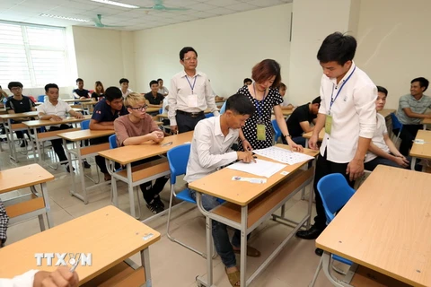 Một phòng thi tiếng Hàn ngành sản xuất chế tạo tại điểm thi Trường Đại học Lao động-Xã hội. (Ảnh: Anh Tuấn/TTXVN)