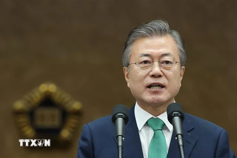 Tổng thống Hàn Quốc Moon Jae-in trong bài phát biểu tại thủ đô Seoul ngày 13/9. (Nguồn: Yonhap/TTXVN)