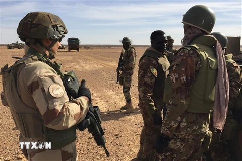 Binh sỹ Mali và binh sỹ Pháp phối hợp tuần tra chung tại Barkhane, miền trung Mali, gần biên giới Niger. (Nguồn: AFP/TTXVN)