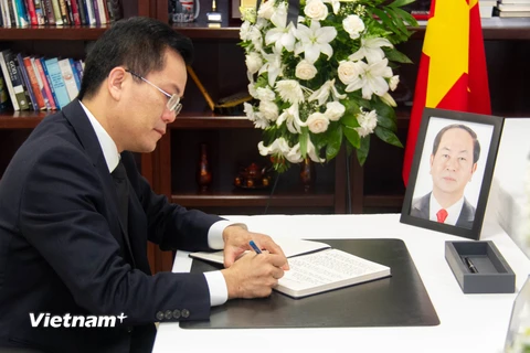 Đại sứ Hà Kim Ngọc thành kính ghi sổ tang, bày tỏ lòng tiếc thương vô hạn Chủ tịch nước Trần Đại Quang. (Ảnh: Đoàn Hùng/Vietnam+)