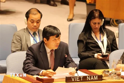 Đại sứ Đặng Đình Quý, Trưởng Phái đoàn đại diện thường trực Việt Nam tại Liên hợp quốc phát biểu tại buổi thảo luận. (Ảnh: Hữu Hoàng/TTXVN)