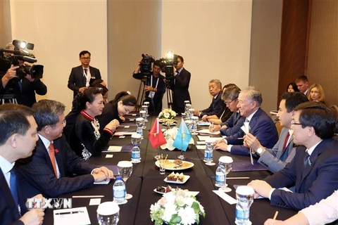 Chủ tịch Quốc hội Nguyễn Thị Kim Ngân hội kiến với Chủ tịch Hạ viện Cộng hòa Kazakhstan Nurlan Z.Nigmatulin. (Ảnh: Hoàng Hoa/TTXVN)