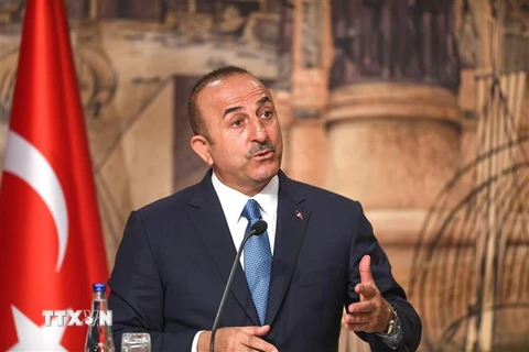 Ngoại trưởng Thổ Nhĩ Kỳ Mevlut Cavusoglu tại cuộc họp báo ở Istanbul, Thổ Nhĩ Kỳ. (Ảnh: AFP/TTXVN)