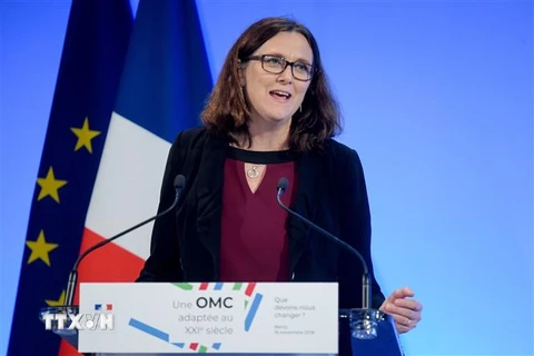 Ủy viên Thương mại của EU Cecilia Malmstrom phát biểu tại một hội nghị ở Paris, Pháp, ngày 16/11/2018. (Ảnh: AFP/TTXVN)