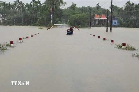  Đường giao thông ở thị trấn Phong Điền, huyện Phong Điền bị ngập lụt. (Ảnh: Hồ Cầu/TTXVN)
