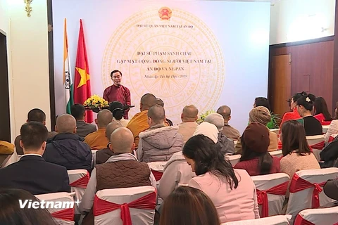 Đại sứ Phạm Sanh Châu phát biểu tại buổi gặp mặt. (Ảnh: Huy Lê/Vietnam+)