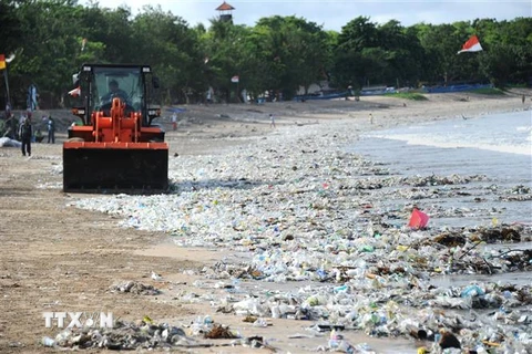 Xe dọn rác thải nhựa trên bờ biển Kuta, gần Denpasar, đảo Bali, Indonesia. (Ảnh: AFP/TTXVN)