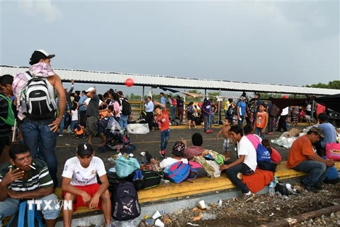 Người di cư Honduras tại khu vực Ciudad Tecun Uman ở biên giới Guatemala-Mexico, trong hành trình tới Mỹ ngày 21/10/2018. (Ảnh: AFP/TTXVN)