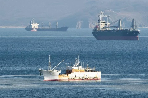 Bức ảnh cho thấy tàu đánh cá Nishino Maru số 68 của Nhật Bản (phía trước) được nhìn thấy ngoài khơi Nakhodka, Nga vào ngày 5/2/2019. (Nguồn: Kyodo)