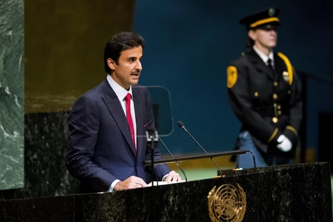 Quốc vương Qatar, Sheikh Tamim bin Hamad al-Thani phát biểu tại phiên họp Đại hội đồng Liên hợp quốc ở New York. Mỹ ngày 25/9. (Ảnh: THX/TTXVN) 