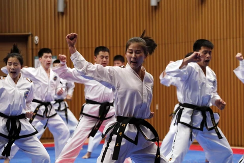 Đội Taekwondo của Triều Tiên biểu diễn tại Thế vận hội mùa đông PyeongChang ở Hàn Quốc ngày 12/2/2018. (Ảnh: AFP/TTXVN) 