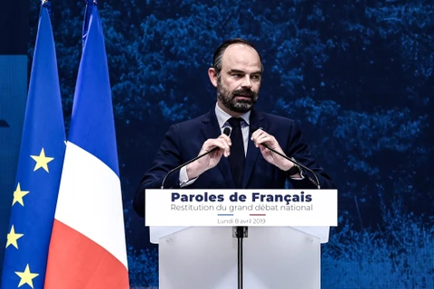 Thủ tướng Pháp Edouard Philippe phát biểu tại sự kiện công bố những kết quả đầu tiên của các cuộc tranh luận toàn quốc ở Paris, Pháp, ngày 8/4. (Ảnh: AFP/TTXVN) 