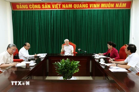 Tổng Bí thư, Chủ tịch nước Nguyễn Phú Trọng phát biểu kết luận buổi họp. (Ảnh: Trí Dũng/TTXVN)