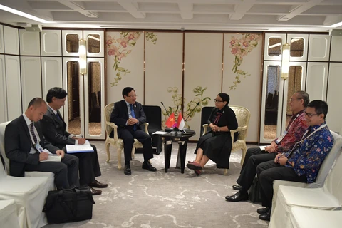 Phó Thủ tướng, Bộ trưởng Ngoại giao Phạm Bình Minh gặp Bộ trưởng Ngoại giao Indonesia Retno Marsudi. (Ảnh: PV/TTXVN)