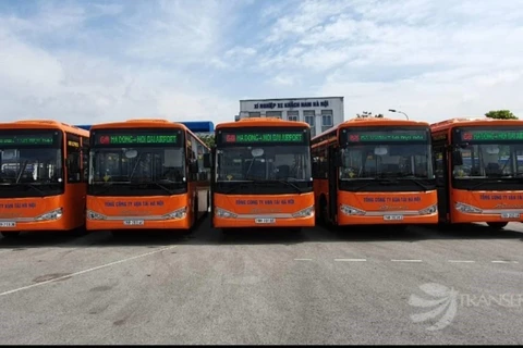 Dàn xe buýt chất lượng cao vận hành trên tuyến số 68 Hà Đông - Nội Bài. (Ảnh: TTXVN)