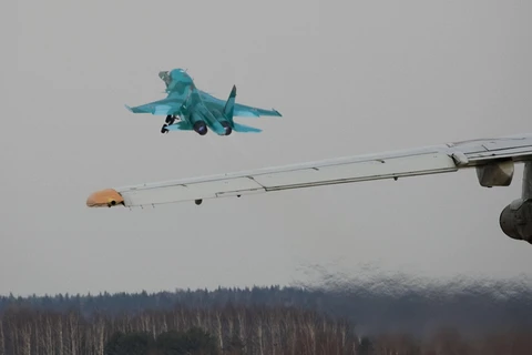 Máy bay Su-34 cất cánh tại sân bay Kubinka, gần Moskva (Nga) ngày 28/3/2009. (Ảnh: AFP/TTXVN)