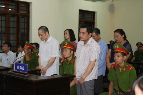 Bị cáo Nguyễn Thanh Hoài và bị cáo Vũ Trọng Lương (hàng trên) và các bị cáo tại phiên tòa. (Ảnh: Nguyễn Quyết Chiến/TTXVN)